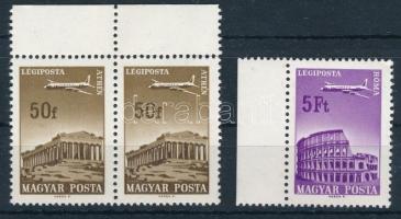 1966 Repülő (VII.) 50f ívszéli pár tükörfényes gumival + selyemfényű gumis támpéldány