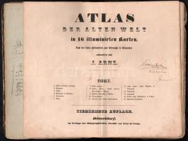 cca 1830 Arnz, [Josef]: Atlas der Alten Welt in 16 illuminirten Karten. Nach den besten Hülfsmitteln zum Gebrauche in Gymnasten entworfen von - - . Düsseldorf, é.n., Arnz &amp; Comp., 14 t. (eredetileg 16 t.) Korabeli félvászon-kötésben, megviselt állapotban, sérült borítóval és gerinccel, részben sérült, javított lapokkal, bejegyzésekkel, firkákkal, két hiányzó térképpel.