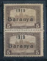 Baranya I. 1919 Parlament 5K függőleges pár, a felső antikva évszámmal, Bodor vizsgálójellel