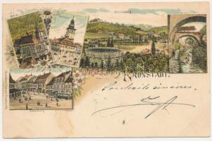 Brassó, Kronstadt, Brasov; Evang. Kirche, Rathaus, Marktplatz, Schlossberg, Graft. Verlag W. Hiemesch / Evangélikus templom, Városháza, Piactér, Fellegvár villasor, Graft-patak / church, city hall, market square, villas, river. Kunstanstalt Rosenblatt Art Nouveau, floral, litho (fl)