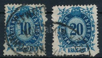 1874 Réznyomat távírda 10kr + 20kr, az egyik keskenyre, a másik szélesre fogazva (bepattanások / perf. flaws)