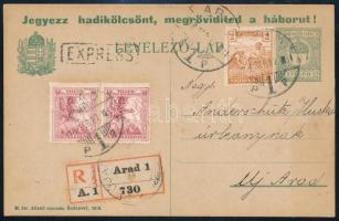 1918 Ajánlott expressz díjkiegészített díjjegyes levelezőlap Aradról Új-Aradra