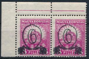 1931 Kisegítő bélyegek I. 6/8f ívsarki pár VIII. vízjellel, 14 : 14 1/4 fogazással, foglyuk-kimaradásokkal (50.000)