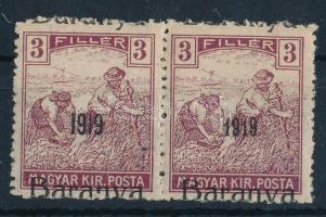 Baranya I. 1919 Arató 3f pár, eltolódott felülnyomással, a jobb oldali antikva évszámmal Bodor vizsgálójellel