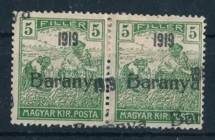 Baranya I. 1919 Arató 5f pár kettős felülnyomással, Bodor vizsgálójellel