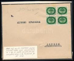 1946 (16. díjszabás) Levél Milliós 10MP négyestömbbel bérmentesítve "CSEPREG" - Sopron