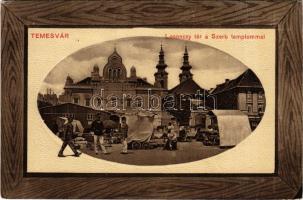 Temesvár, Timisoara; Losonczy tér, Szerb templom, piac, csendőr / square, Serbian Orthodox church, market, gendarme (EK)
