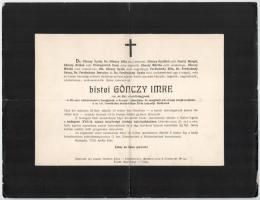 1913 Bp., bistei Gönczy Imre (1862-1913) cs. és kir. vezérőrnagy, a III. oszt. Vaskorona-rend lovagja, a m. kir. honvédelmi minisztérium XI. csoportja főnökének halotti értesítője, lapszéli sérülésekkel, 24x31 cm