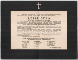 1942 Székesfehérvár, Leisz Béla (1868-1942) nyug. vezérőrnagy, mérnök, a cs. és kir. 69. Hindenburg gyalogezred volt parancsnoka, a III. oszt. Vaskorona-rend és további kitüntetések tulajdonosa halotti értesítője, kis lapszéli sérülésekkel, 23,5x30 cm