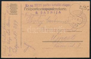 1917 Tábori posta levelezőlap "Kr. ug. III/27 pucko ustaski etapni 3. SATNIJA" + "FP 299 b"