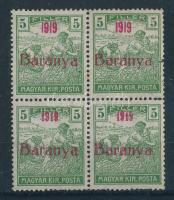 Baranya I. 1919 Arató 5f 4-es tömbben, az alsó két bélyeg antikva évszámokkal, Bodor vizsgálójellel
