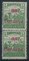 Baranya I. 1919 Arató 5f függőleges pár, az alsó bélyeg antikva évszámmal, Bodor vizsgálójellel (fogelválások / aparted perfs.)