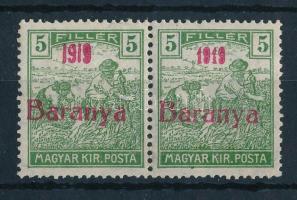 Baranya I. 1919 Arató 5f pár, a jobb oldali bélyeg antikva évszámmal, Bodor vizsgálójellel