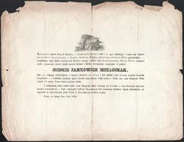 1846 Pest, jeszeniczei Jankovich (Jankowich) Miklós (1772-1846) táblabíró, történész, bibliográfus, műgyűjtő halotti értesítője, sérülésekkel, 25,5x33 cm