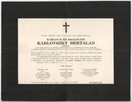 1938 Bp., Karlovszky Bertalan (1858-1938) festőművész, m. kir. kormányfőtanácsos, a Corvin-lánc tulajdonosa halotti értesítője, 23x30 cm