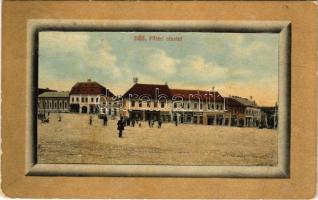 1913 Dés, Dej; Fő tér, Kereskedelmi Bank Részvénytársaság, Góczy Károly, Vass Antal, Csiszár Imre üzlete, gyógyszertár. Gálócsi Samu kiadása / main square, bank, shops, pharmacy (fa)