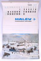 1972 MALÉV színes képekkel illusztrált nagyméretű falinaptár, feltekerve, 55x34 cm