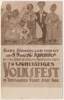 Temesvár, Timisoara; Ganz Südungarn feiert am 8,9, und 10 September auf 3 Tage kehren die glückliche Friedenszeiten zurück wohltätiges Volksfest im Franz Josef Park / jótékonysági népünnepély reklám / folk festival advertisement (b)