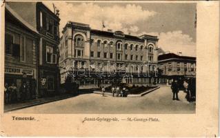 Temesvár, Timisoara; Szent György tér, Leitenbor József üzlete, Takarékpénztár / St. Georgs-Platz / square, shops, savings bank (apró szakadás / tiny tear)