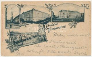 1899 Temesvár, Timisoara; Belvárosi római katolikus templom, Kormányszéki épület, Vármegyeháza, Szent György tér, Várneky A. üzlete. Kossak József kiadása / Catholic church, government office, county hall, square, shops. Art Nouveau, floral (vágott / cut)