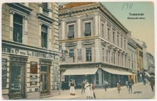 1911 Temesvár, Timisoara; Hunyadi utca, Lenner és Aug. Babusnik és Társa üzlete. Gerő Manó kiadása / street and shops (EM)