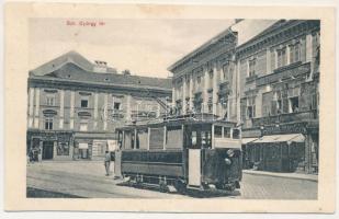 Temesvár, Timisoara; Belváros, Szent György tér, Farber Miksa, Szeibert Péter, Klein, Berger Ármin üzlete, Országos Korona Takarékpénztár, villamos, Áruház az angol szabóhoz. Kiadja Gerő Manó / square, shops, savings bank, tram (vágott / cut)