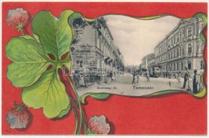 Temesvár, Timisoara; Andrássy út, villamos. Szecessziós lóherés litho keret, Uhrmann Henrik kiadása / street, tram. Art Nouveau, litho frame with clover