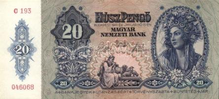 1941. 20P (2x) egymásutáni sorszámokkal, egyszer hajtva T:I- kis saroktörés