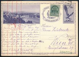 1941 16f díjjegyes levelezőlap 8f kiegészítéssel Bécsbe, cenzúrázva