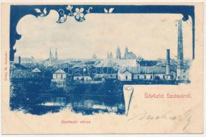 1900 Szatmárnémeti, Satu Mare; Szatmár város látképe. Löwy M. kiadása / general view. Art Nouveau, floral frame (fl)
