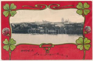 1902 Szatmárnémeti, Szatmár, Satu Mare; látkép, zsinagóga. Reizer János kiadása. Szecessziós lóherés litho keret / general view with synagogue. Art Nouveau, litho frame with clovers (r)