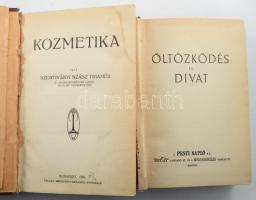 Szentiványi Szász Tihamér: Kozmetika. Bp., 1921, "Pallas", 257+1 p. Átkötött félvászon-kötés, kopott borítóval, foltos lapokkal, laza fűzéssel. + Öltözködés és divat. Szerk.: Lackó Géza. Bp.,é.n.,Pesti Napló. Fekete-fehér szövegközti illusztrációkkal. Kiadói egészvászon-kötés, kopott borítóval.