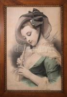 Lányportré, "Études Chiosies lithographies aux deux crayons par Lafosse", kőnyomatú metszet, papír, jelzett a dúcon, fa keretben, foltos, 60x41 cm, keret: 70x51 cm