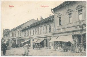 Lugos, Lugoj; Király utca, Schönborn, Kohn Adolf és fiai, Blum üzlete, Mayer Károly vaskereskedése az arany lóvakaróhoz. Nemes Kálmán kiadása / street, shops (fl)