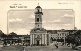 Lugos, Lugoj; Izabella tér, templom, Grósz Ignátz utóda, Rosenthal Adolf üzlete / square, church, shops