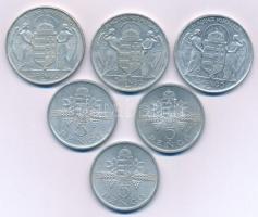 1943. 5P Al "Horthy Miklós születésének 75. évfordulójára" (3x) + 1945. 5P Al "Parlament" (3x) T:XF egyiken nagyobb karcok