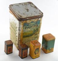 5 darab régi fémdoboz, közte Bartók Vilmos Szeged paprikás fémdoboz m: 25 cm