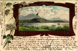 1904 Szecessziós dombornyomott művészlap tájképpel (Palicsról küldve) / landscape art postcard (sent from Palic). Art Nouveau, Emb. litho (EK)