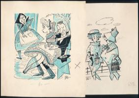 Szegő Gizi (1902-1985): 10 db karikatúra. Vegyes technika, papír, jelzett,egy kivételével mindegyik ...