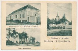 Csíkszentsimon, Szent-Simon, Sansimion; Római katolikus templom és elemi iskola, vasútállomás. Adler Oscar felvétele / Scoala normala r. cat., Biserica r. cat., Gara / Catholic church and elementary school, railway station (fl)