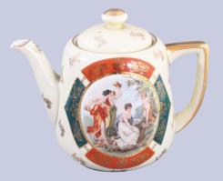 Victoria zsánerjelenet díszítésű kávés készlet. jelzett, teljes, minimális kopással