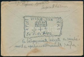 ~1945 Nem futott boríték bélyeg nélkül, vicces szöveggel és rárajzolt Kelet visszatért bélyeggel