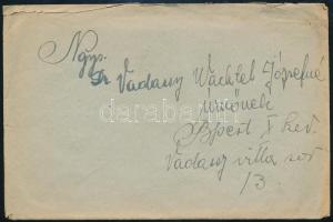 ~1945 Nem futott boríték bélyeg nélkül, vicces szöveggel és rárajzolt Kelet visszatért bélyeggel