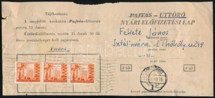 1952 Úttörő c. újság nyári előfizetési lap 15 x 30f Épületek bélyeggel bérmentesítve