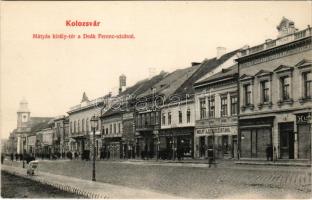 Kolozsvár, Cluj; Mátyás király tér a Deák Ferenc utcával, Wolff J. gyógyszertára, Kolozsvári Takarékpénztár és Hitelbank, Dániel Antal, Kontz Sándor üzlete, Lepage Lajos könyvnyomdája és saját kiadása / square, street view, pharmacy, savings bank, shops, publishing house