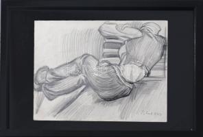 Pituk József Viktorián (1906-1991): Pihenés. Ceruza, papír, jelezve jobbra lent, üvegezett fakeretbe...