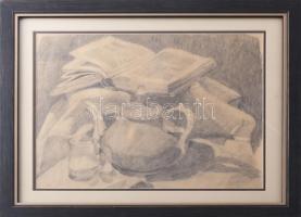 Nagy Oszkár (1883-1965): Csendélet könyvvel és kancsóval, 30x38 cm üvegezett fakeretben,