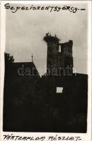 1940 Sepsiszentgyörgy, Sfantu Gheorghe; Református vártemplom, gólyafészek gólyákkal / Calvinist castle church, stork's nest with storks. photo + "1940 Sepsiszentgyörgy visszatért" So. Stpl.