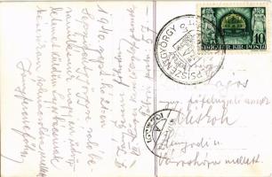 1940 Sepsiszentgyörgy, Sfantu Gheorghe; Református vártemplom, gólyafészek gólyákkal / Calvinist cas...