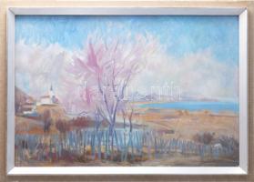 Mikus Gyula (1905 - 1996): Tavasz Becén. (Balaton, Becehegy) Olaj, farost. Jelzett. Üvegezett keretben 45x66 cm Hátoldalán autográf felirattal